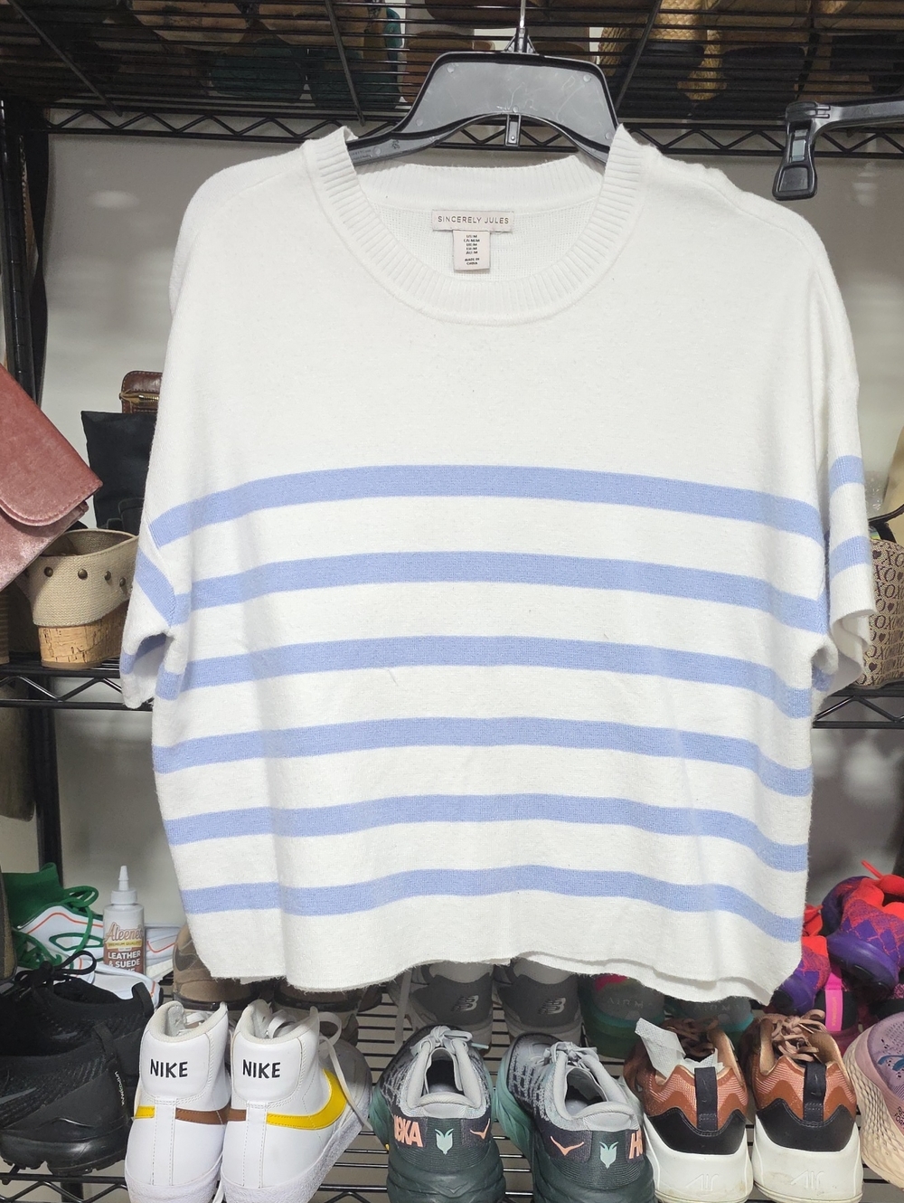 Sincerly Jules White Crewneck Sweater with Light Blue Stripes